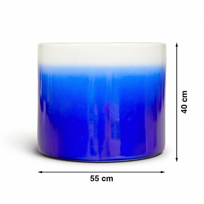 Fade Cylinder planter by TIBA-TIBA – Extra large dark blue and white outdoor ceramic planter with a glossy, ombre to white finish. Handmade in Bali.