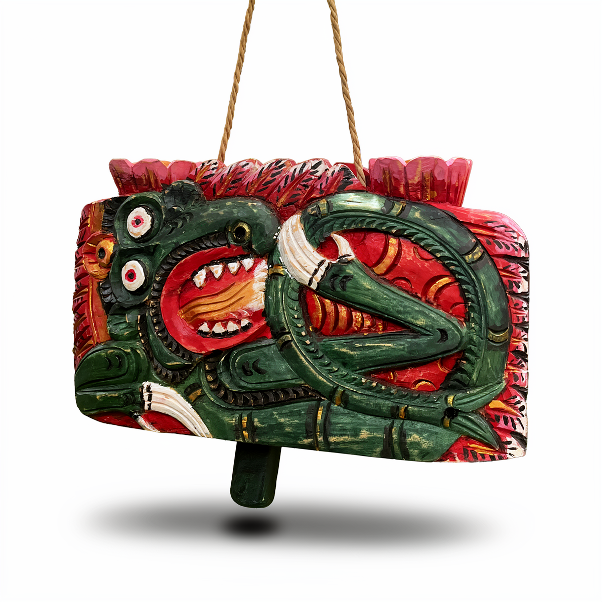 Lonceng Sapi Cowbell by TIBA-TIBA – 
Mahogany hand-carved, hand-painted cowbell wind chime with dark green dragon design 