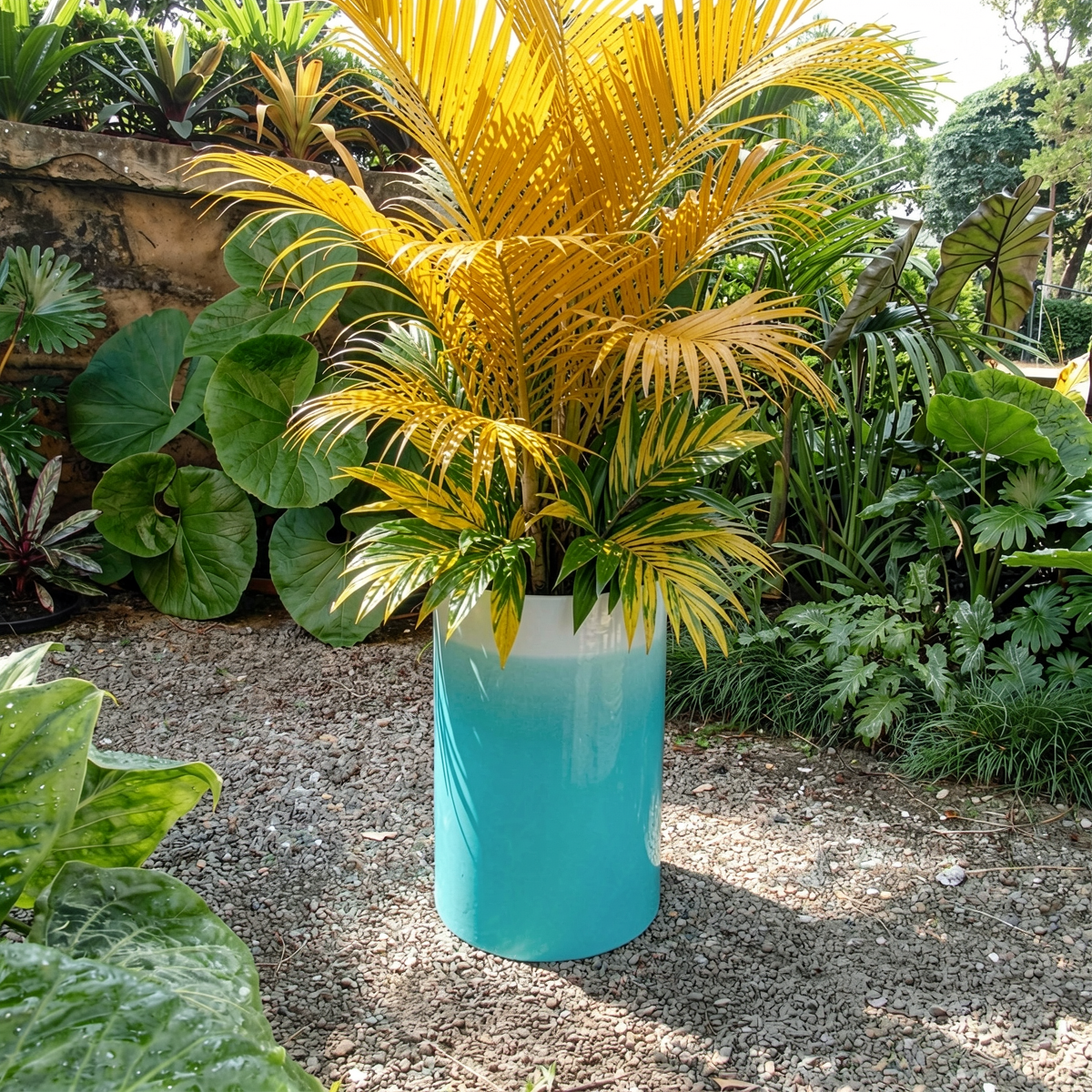 Fade Cylinder planter by TIBA-TIBA – Tall turquoise gradient to white planter with tropical fern plants outdoors in a Balinese garden. 