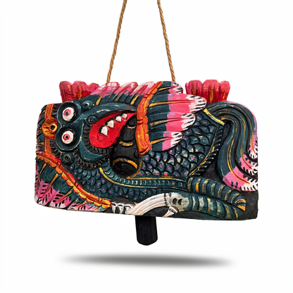 Lonceng Sapi Cowbell by TIBA-TIBA – 
Mahogany hand-carved, hand-painted cowbell wind chime with dark green Garuda design 