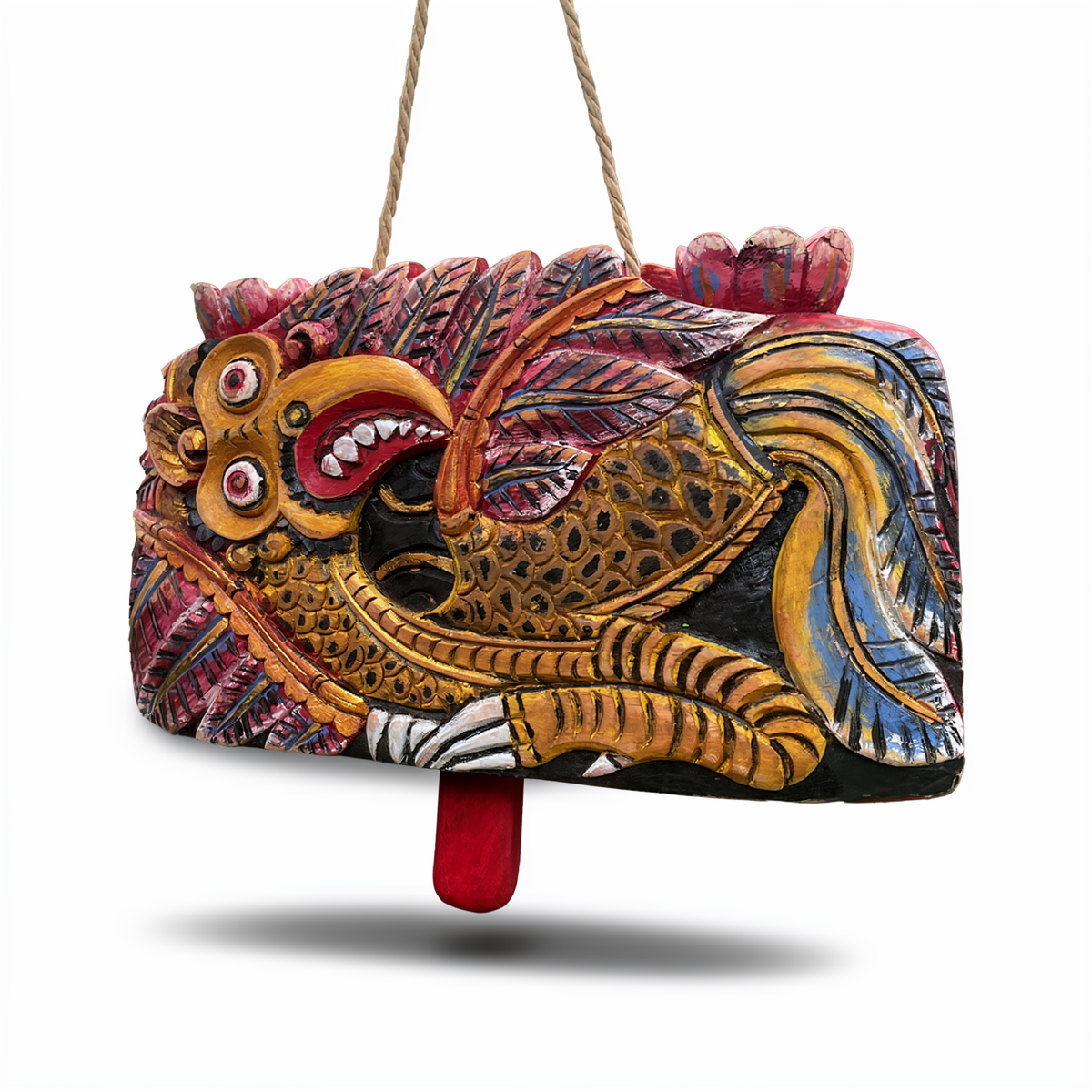 Lonceng Sapi Cowbell by TIBA-TIBA – 
Solid Mahogany Bali cowbell, outdoor hanging decor with golden Garuda design 