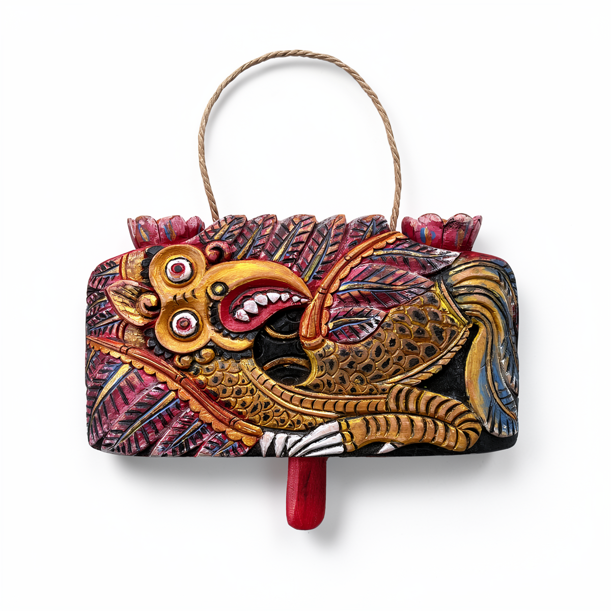 Lonceng Sapi Cowbell by TIBA-TIBA – 
Solid wood cowbell hand carved and hand painted by Balinese artist with golden Garuda design 