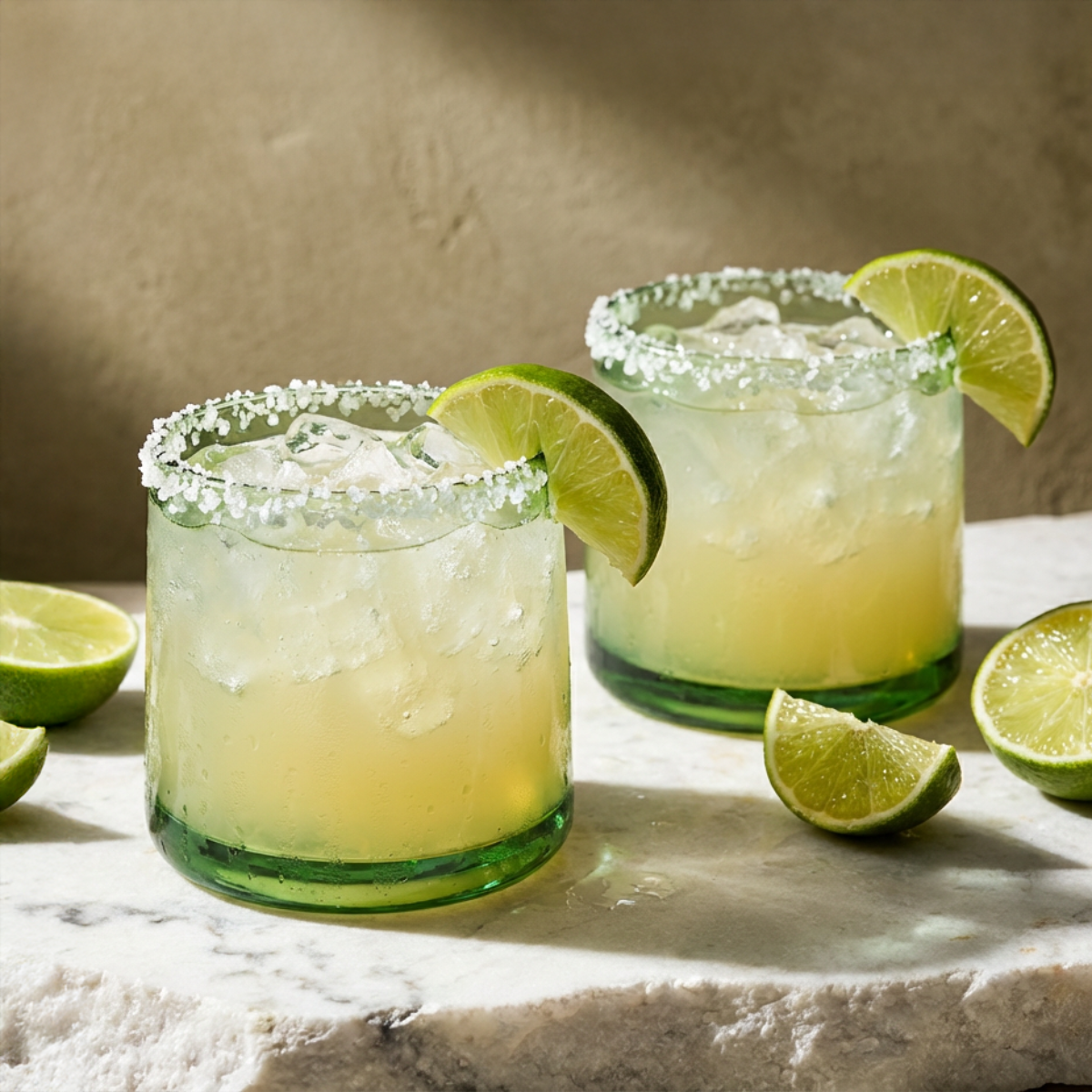 Tube Short Tumbler by TIBA-TIBA –Bali made recycled green glass short lime margarita tumblers on white marble 
