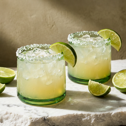 Tube Short Tumbler by TIBA-TIBA –Bali made recycled green glass short lime margarita tumblers on white marble 