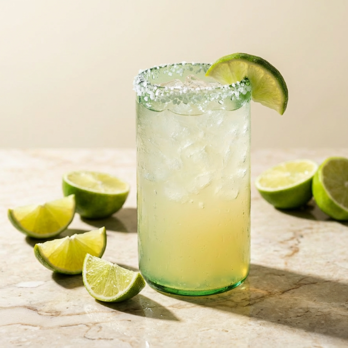 Tube Tall Tumbler by TIBA-TIBA – sustainable, recycled green glass, hand-blown, Bali made tall Margarita glass with lime wedges and salted rim.  