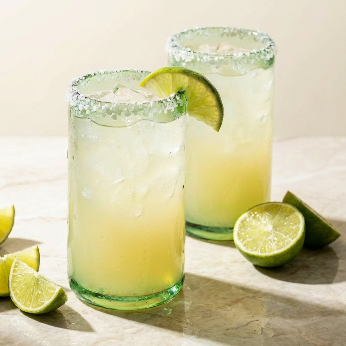 Tube Tall Tumbler by TIBA-TIBA – Two hand blown, recycled green glass, tall Margarita tumblers with lime wedges and salted rims made in Bali. 