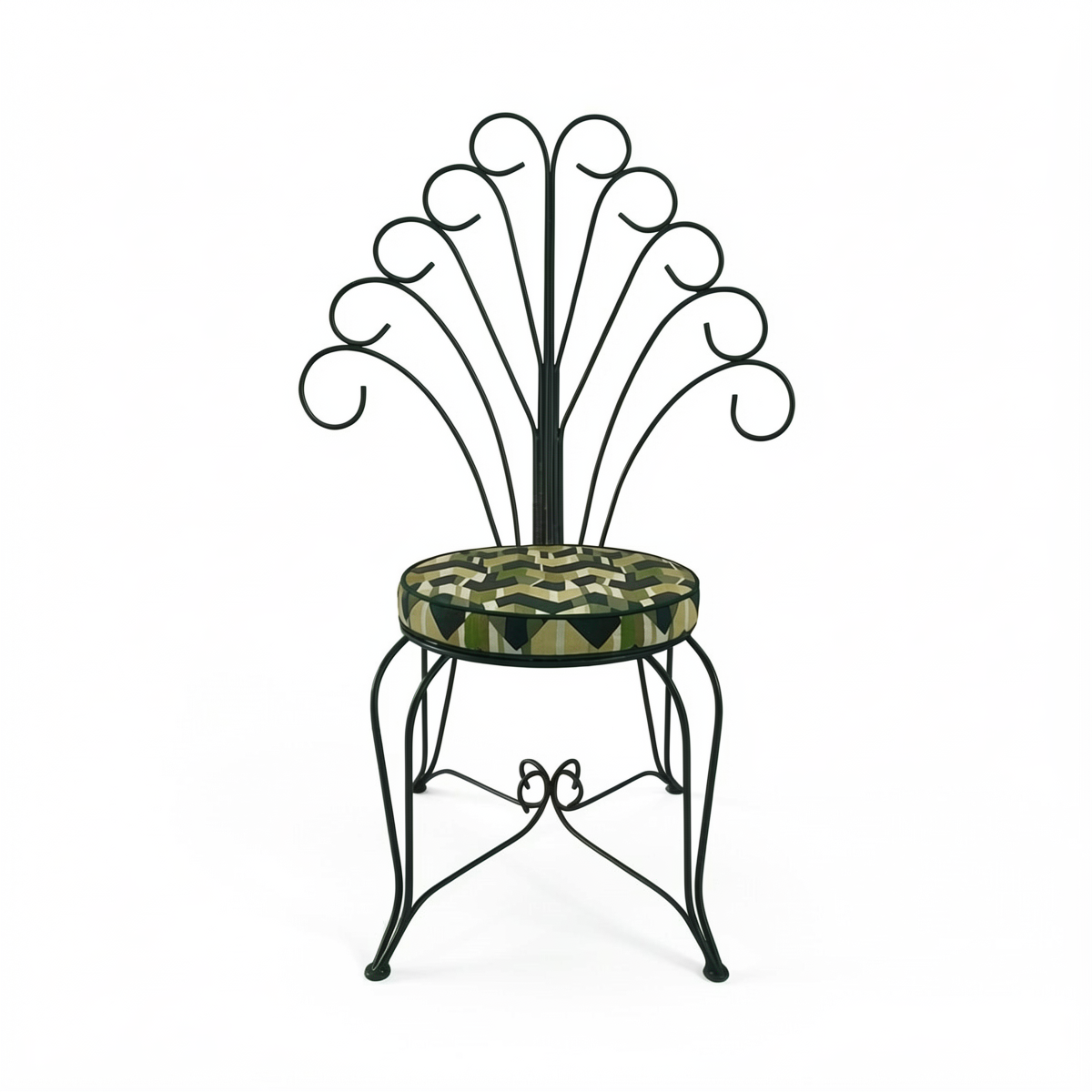 Plume Chair by TIBA-TIBA – powder-coated steel peacock chair with curled metal frame and green patterned outdoor cushion, front view. 
