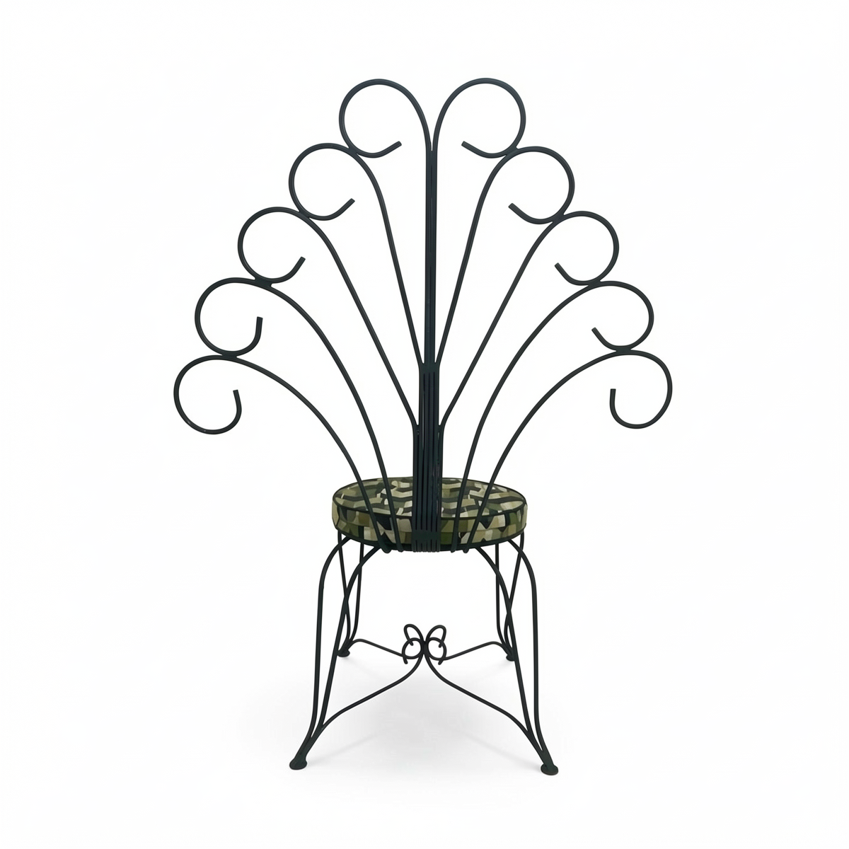 Plume Chair by TIBA-TIBA – powder-coated forest green steel peacock chair with decorative metal frame and green patterned QDF cushion, rear view.
