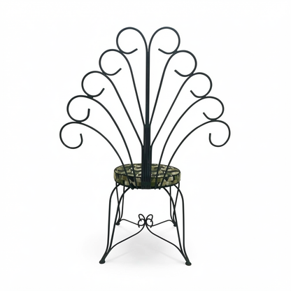 Plume Chair by TIBA-TIBA – powder-coated forest green steel peacock chair with decorative metal frame and green patterned QDF cushion, rear view.