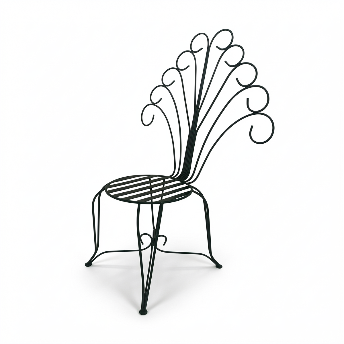 Plume Chair by TIBA-TIBA – dark green metal peacock chair in art nouveau style, angled view.