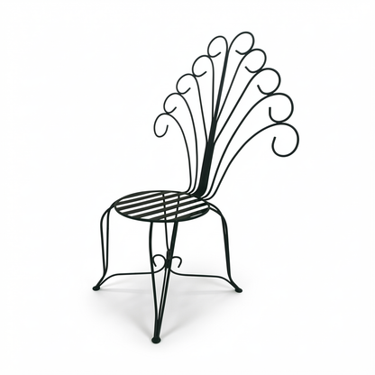 Plume Chair by TIBA-TIBA – dark green metal peacock chair in art nouveau style, angled view.