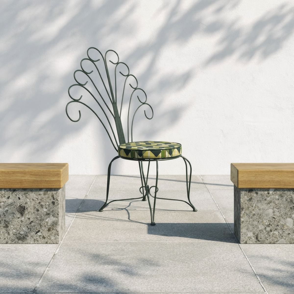 Plume Chair by TIBA-TIBA – dark green metal peacock garden chair with curly metal steel backrest in minimalist white and wood outdoor setting.