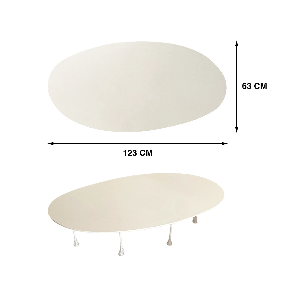 Pebbles large oval table top by TIBA-TIBA shown with dimension labels: 123 cm length and 63 cm width, plus a lower view of the Pebbles coffee table with slim metal legs on a white background. 