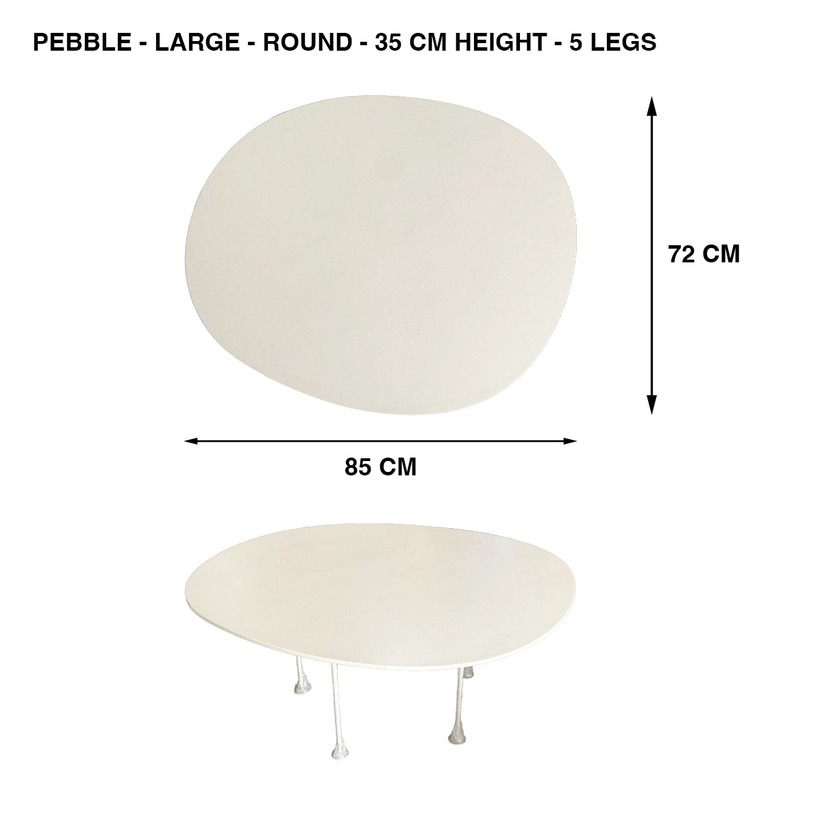 Pebbles large round table top by TIBA-TIBA shown with dimension labels: 85 cm length and 72 cm width, plus a lower view of the Pebbles table with slim metal legs on a white background.