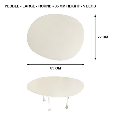 Pebbles large round table top by TIBA-TIBA shown with dimension labels: 85 cm length and 72 cm width, plus a lower view of the Pebbles table with slim metal legs on a white background.