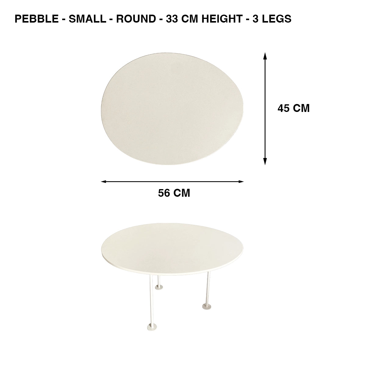 Pebbles small round table top by TIBA-TIBA shown with dimension labels: 56 cm length and 45 cm width, plus a lower view of the Pebbles table with slim metal legs on a white background.