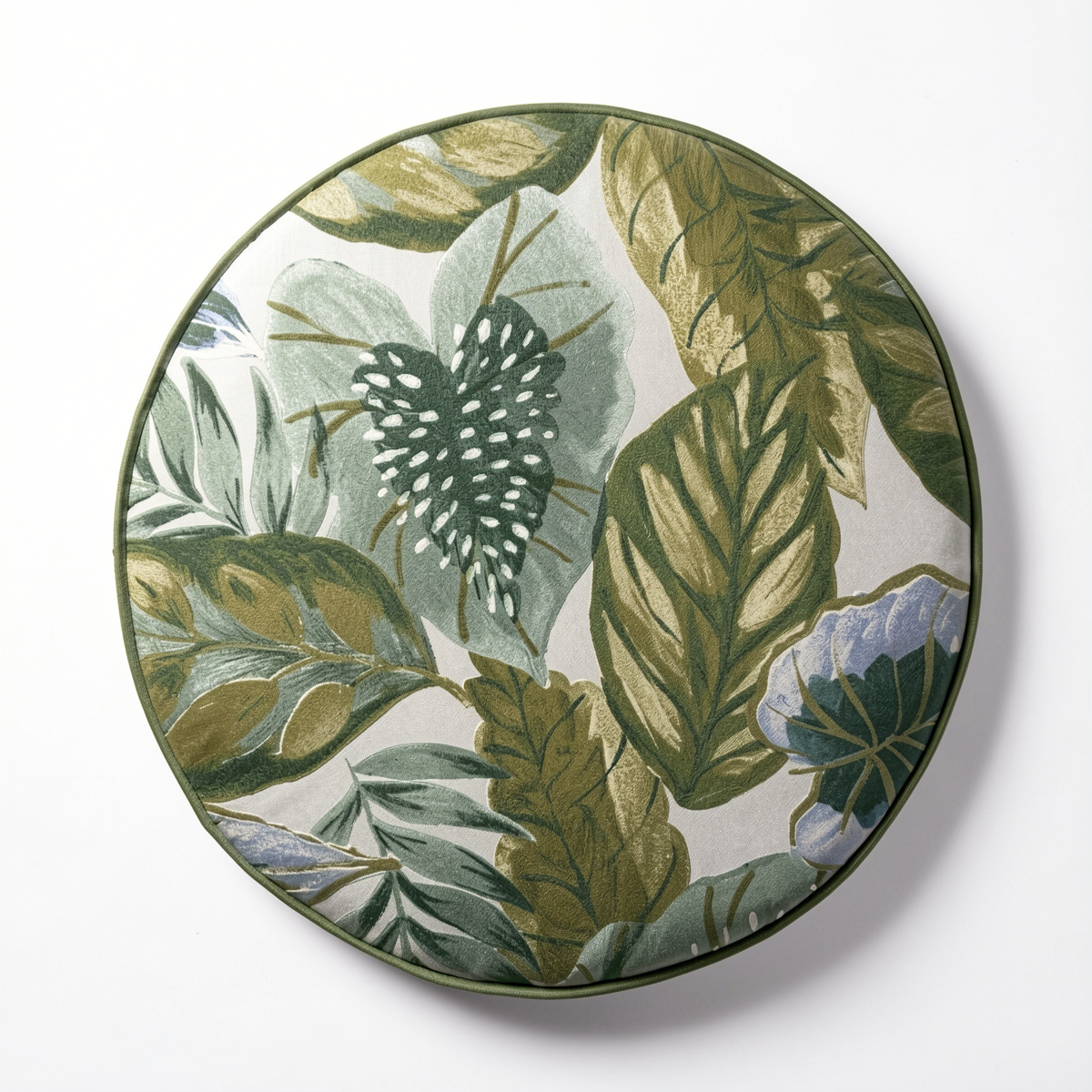 Plume Outdoor Cushion by TIBA-TIBA – tropical leaf motif cushion in shades of green, blue and grey, UV-resistant fabric and QDF foam.