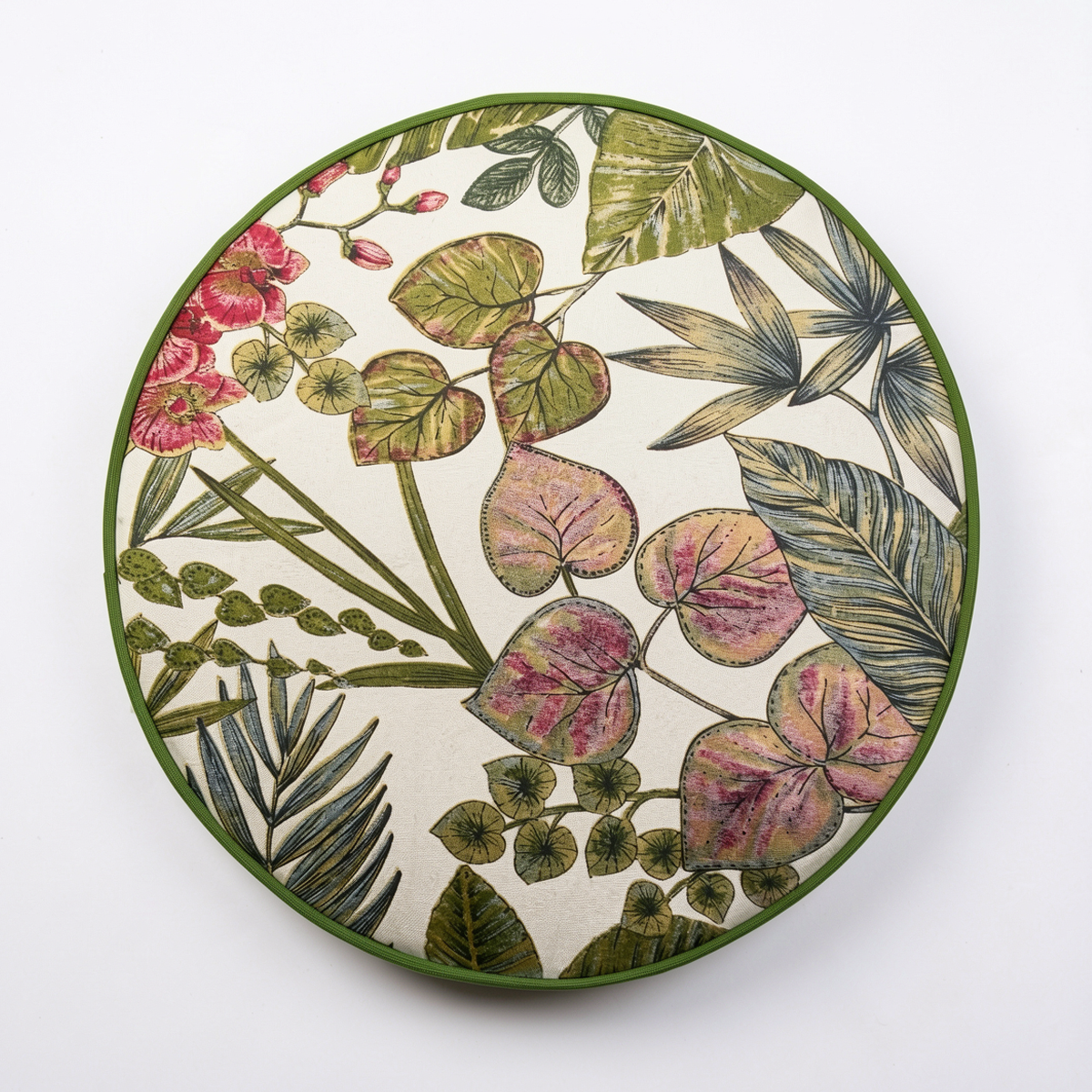 Plume Outdoor Cushion by TIBA-TIBA – botanical print round cushion with pink and green tropical foliage pattern, QDF foam UV resistant fabric.