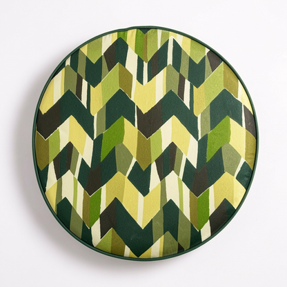 Plume Outdoor Cushion by TIBA-TIBA – green and yellow geometric chevron design with UV-resistant fabric and QDF foam, green piping