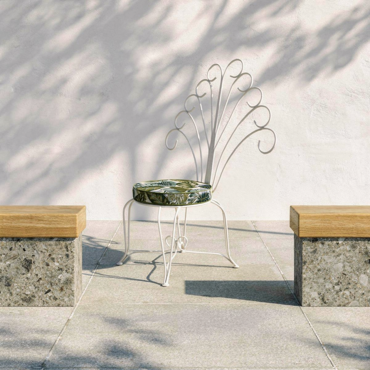 Plume Outdoor Cushion by TIBA-TIBA – White Plume Chair with Blue Green Jungle Plume Outdoor Cushion in minimalist white and wood outdoor setting.