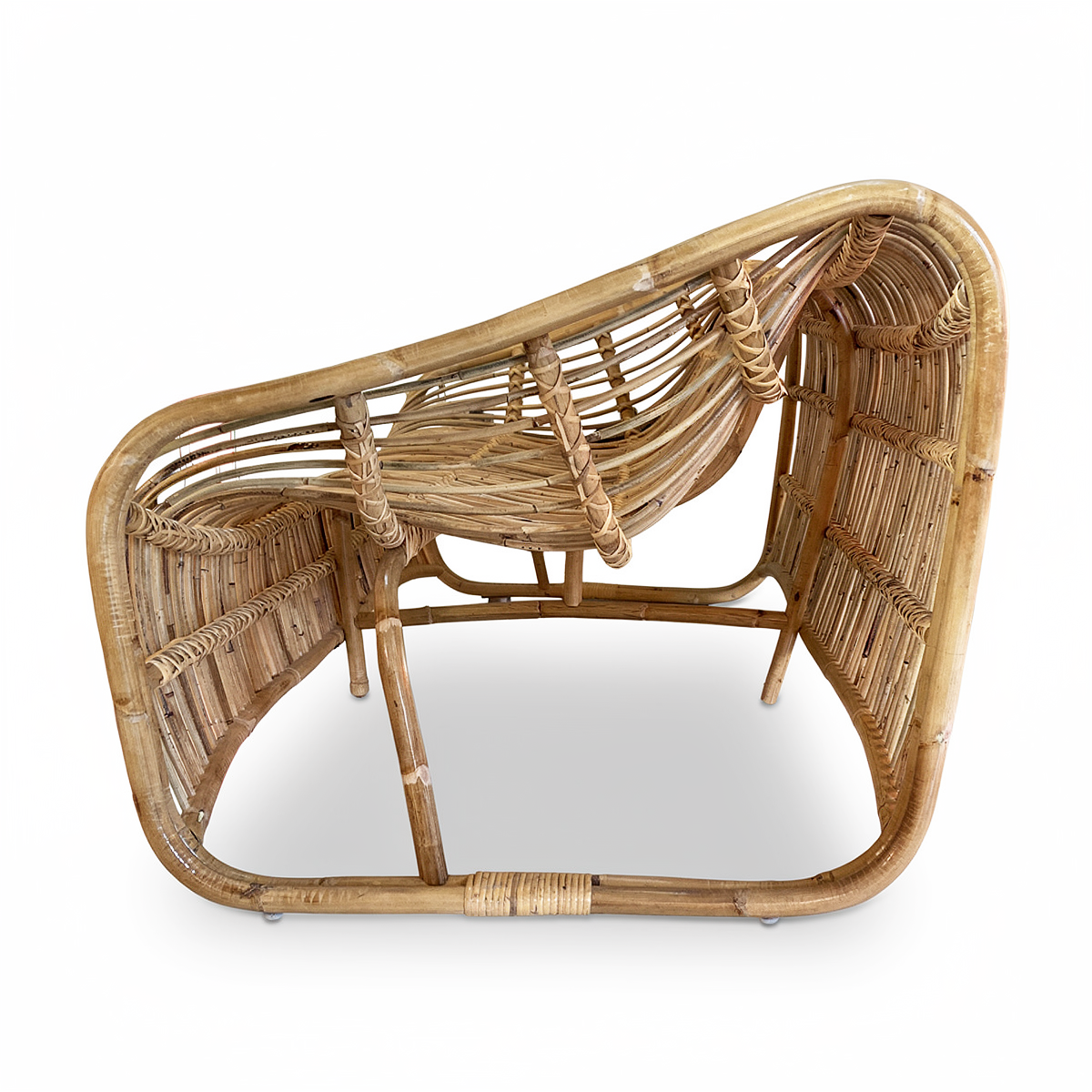 Bucket 2-Seater Sofa by TIBA-TIBA – modern rattan two-seat lounger with sculptural curved frame side view 