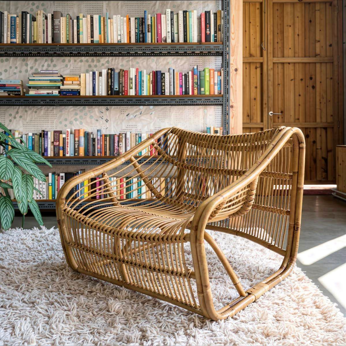 Bucket Lounge Chair by TIBA-TIBA-Modern Italian rattan bucket chair on shag carpet with industrial bookshelf in background. 