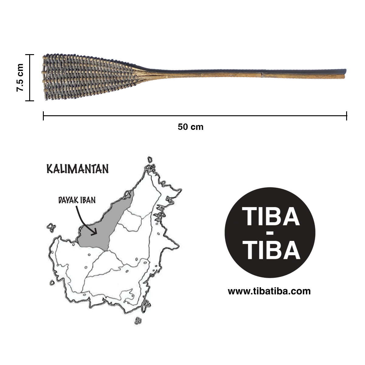 Rattan Fly Swatter by TIBA-TIBA – rattan fly swatter top view with dimensions, map of Kalimantan where Dayak Iban are from, and TIBA-TIBA logo in black and white.
