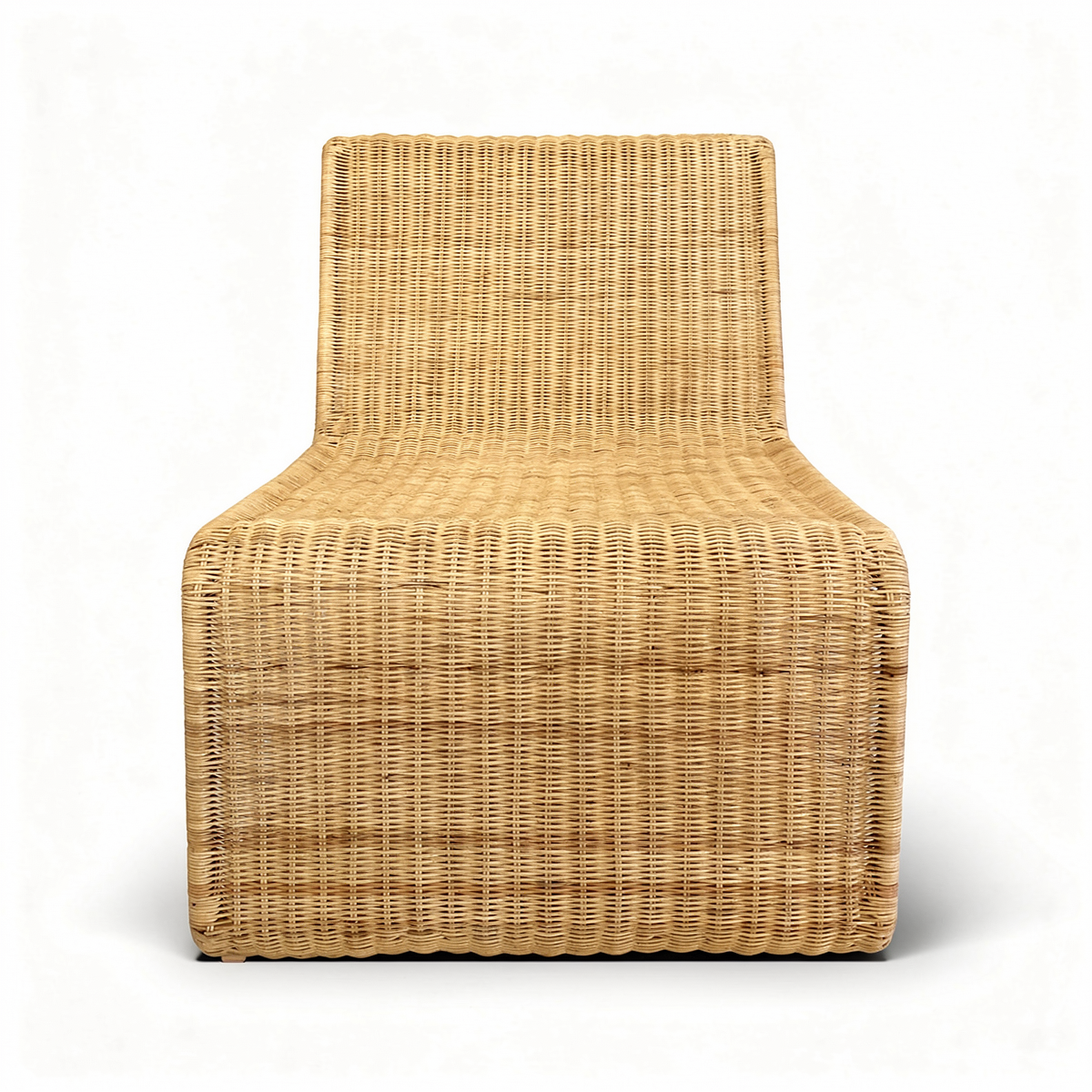 Geo Lounge Chair by TIBA-TIBA – Front view of rattan lounge chair with bold cubic form and natural honey finish as a modern tropical wicker chair. 