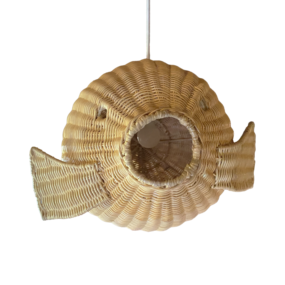 Ikan 40 Rattan Pendant Light by TIBA-TIBA - hanging artisan rattan fish shaped pendant lamp with white cord. Front view. 