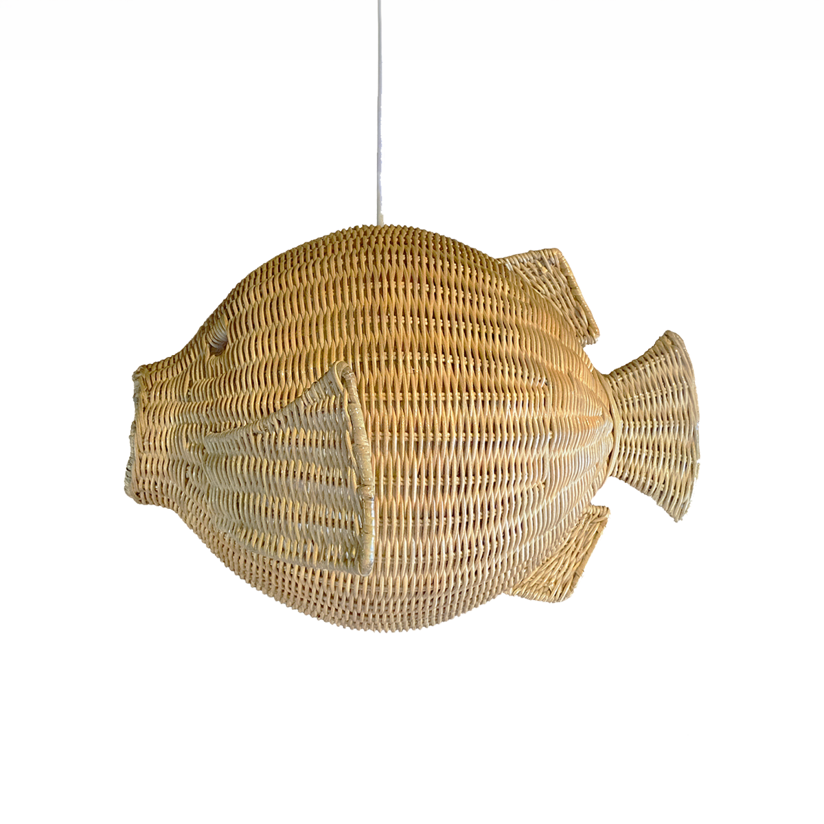 Ikan 40 Rattan Pendant Light by TIBA-TIBA - Rattan fish-shaped hanging lamp with white cord. Side view. 