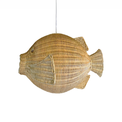 Ikan 40 Rattan Pendant Light by TIBA-TIBA - Rattan fish-shaped hanging lamp with white cord. Side view. 