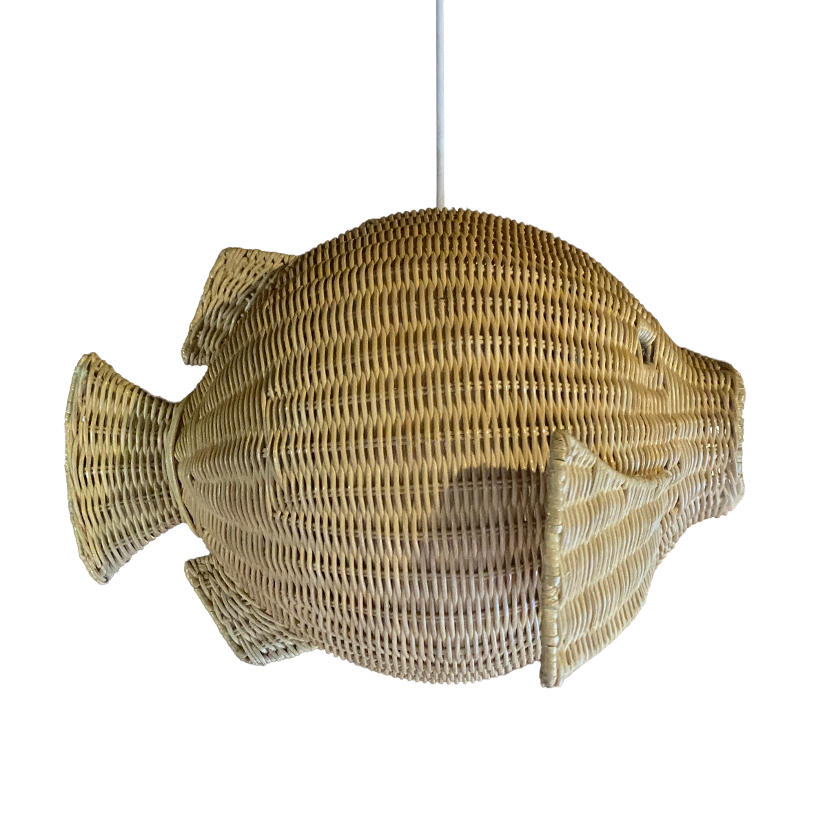 Ikan 40 Rattan Pendant Light by TIBA-TIBA - woven rattan nautical fish lamp with white cord. Side view. 