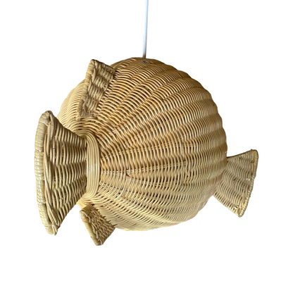 Ikan 40 Rattan Pendant Light by TIBA-TIBA - Indonesian designer handwoven rattan fish pendant light with white cord.  Rear view. 