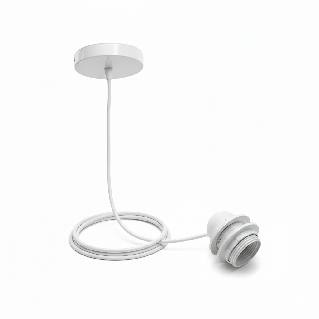 Ikan 40 Rattan Pendant Light by TIBA-TIBA - detail of the white lighting canopy, white cable, and white e27 bulb housing for Ikan 40 rattan fish pendant lamp. 
