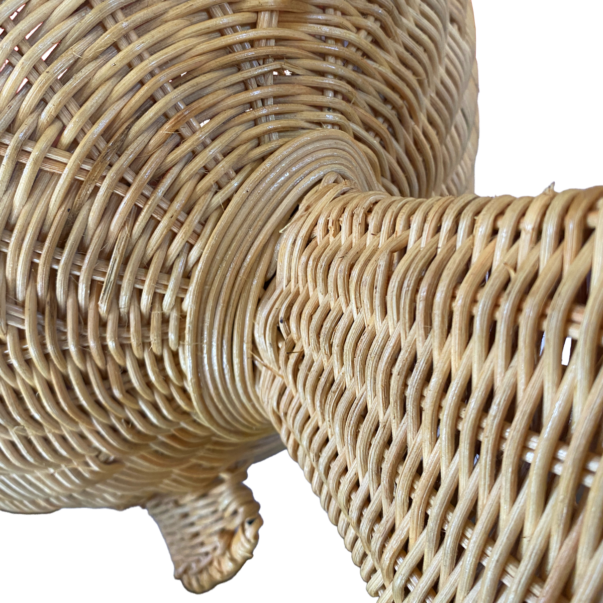 Ikan 40 Rattan Pendant Light by TIBA-TIBA - close-up detail of the handmade woven rattan tail of the fish pendant lamp. 