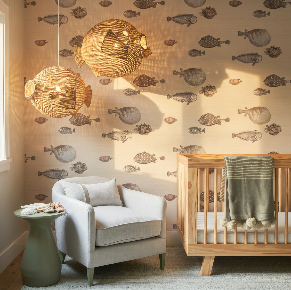 Ikan 40 Rattan Pendant Light by TIBA-TIBA - Ikan 40 and Ikan 60 puffer fish pendant lamps hanging above sage armchair in cozy nursery with Seletti Acquaria wallpaper background.  