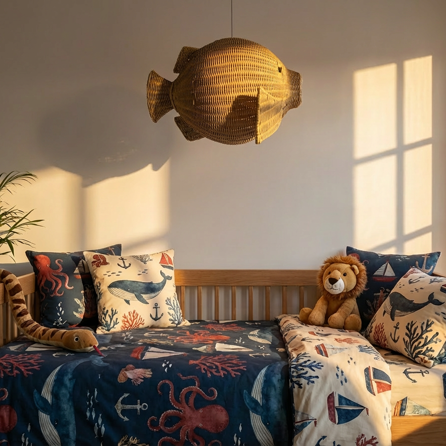 Ikan 40 Rattan Pendant Light by TIBA-TIBA - Ikan 40 fish pendant lamp hanging above boy's wooden bed with nautical theme blankets and pillows. 