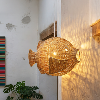 Ikan 40 Rattan Pendant Light by TIBA-TIBA - Ikan 40 hanging ratan fish pendant lights in rustic modern living room doorway with Gerhard Richter - Strip painting and Monstera plant in background. 