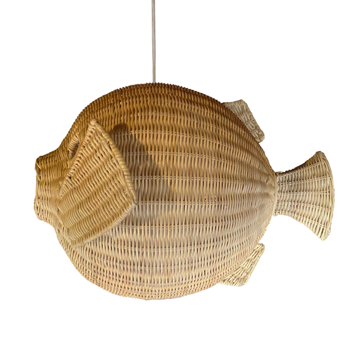 Ikan 60 Rattan Pendant Light by TIBA-TIBA - handcrafted rattan fish shaped hanging lamp with white cord. Side view .