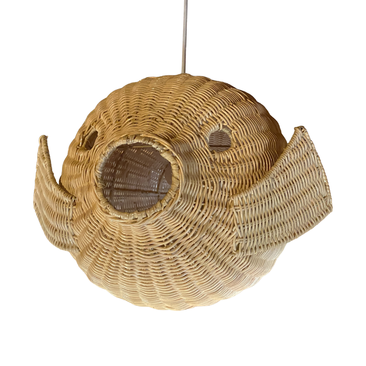 Ikan 60 Rattan Pendant Light by TIBA-TIBA - handmade rattan puffer fish hanging lamp with white cord. 