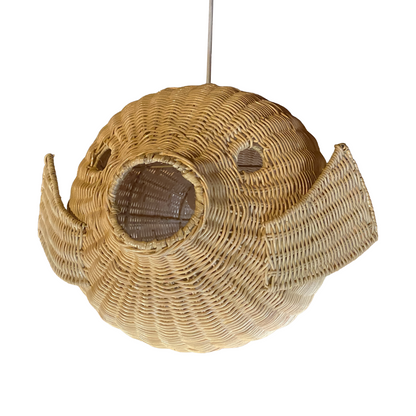 Ikan 60 Rattan Pendant Light by TIBA-TIBA - handmade rattan puffer fish hanging lamp with white cord. 