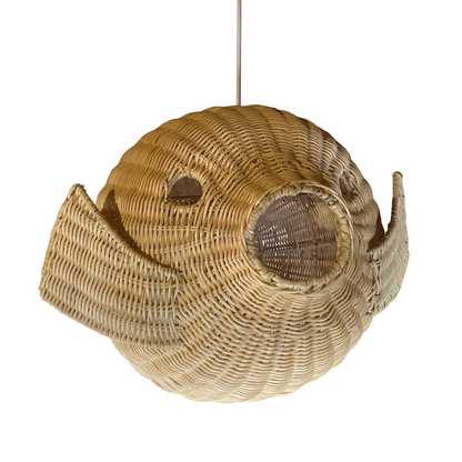 Ikan 60 Rattan Pendant Light by TIBA-TIBA - handmade rattan fish-shaped hanging lamp with white cord. 