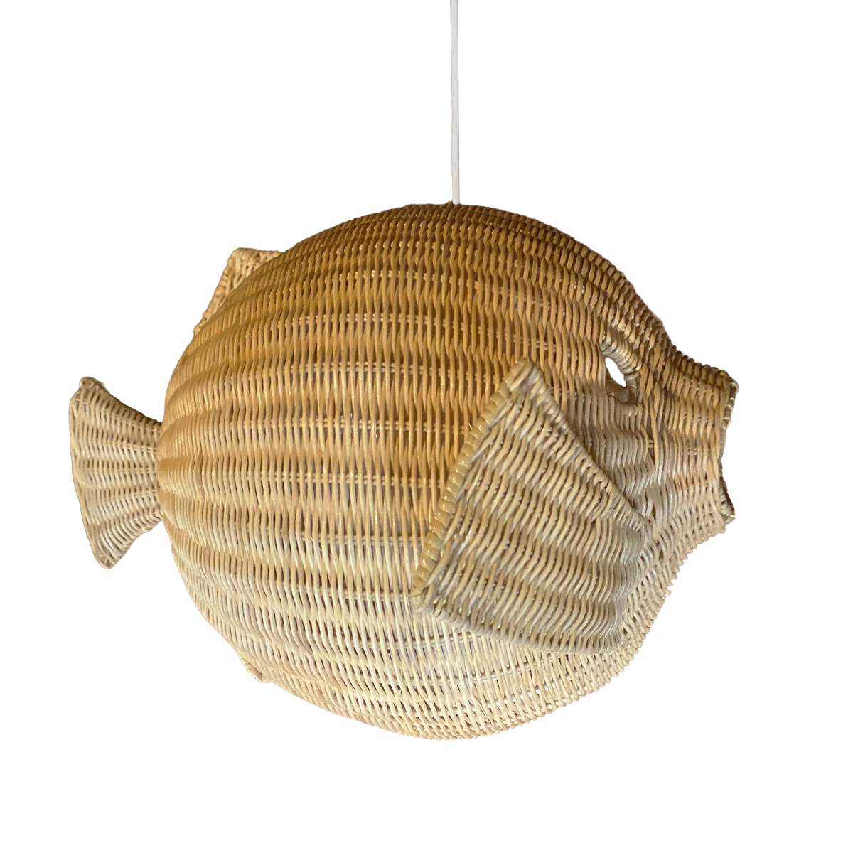 Ikan 60 Rattan Pendant Light by TIBA-TIBA - Indonesian designed rattan fish pendant lamp with white cord. 