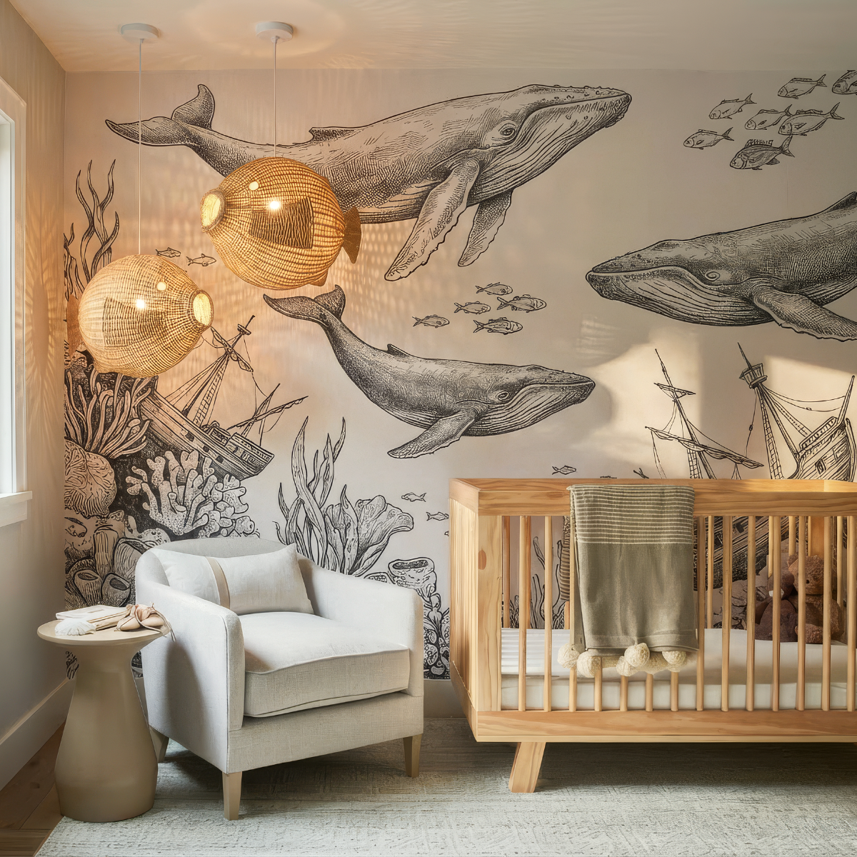 Ikan 60 Rattan Pendant Light by TIBA-TIBA - Ikan 60 and Ikan 40 Pendant lamps hanging in cozy nursery room with modern wooden baby cot and hand drawn whale wallpaper