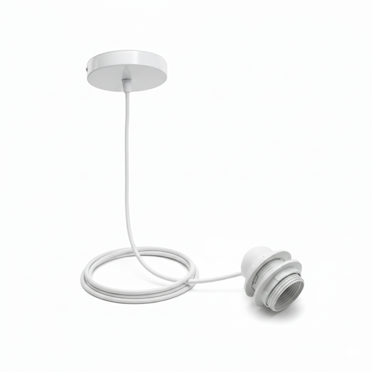 Ikan 60 Rattan Pendant Light by TIBA-TIBA - detail of the white lighting canopy, white cable, and white e27 bulb housing.