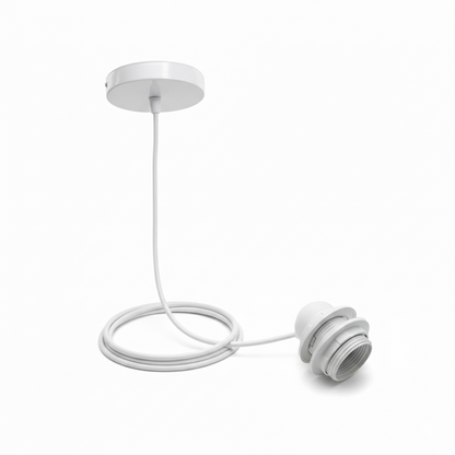 Ikan 60 Rattan Pendant Light by TIBA-TIBA - detail of the white lighting canopy, white cable, and white e27 bulb housing.
