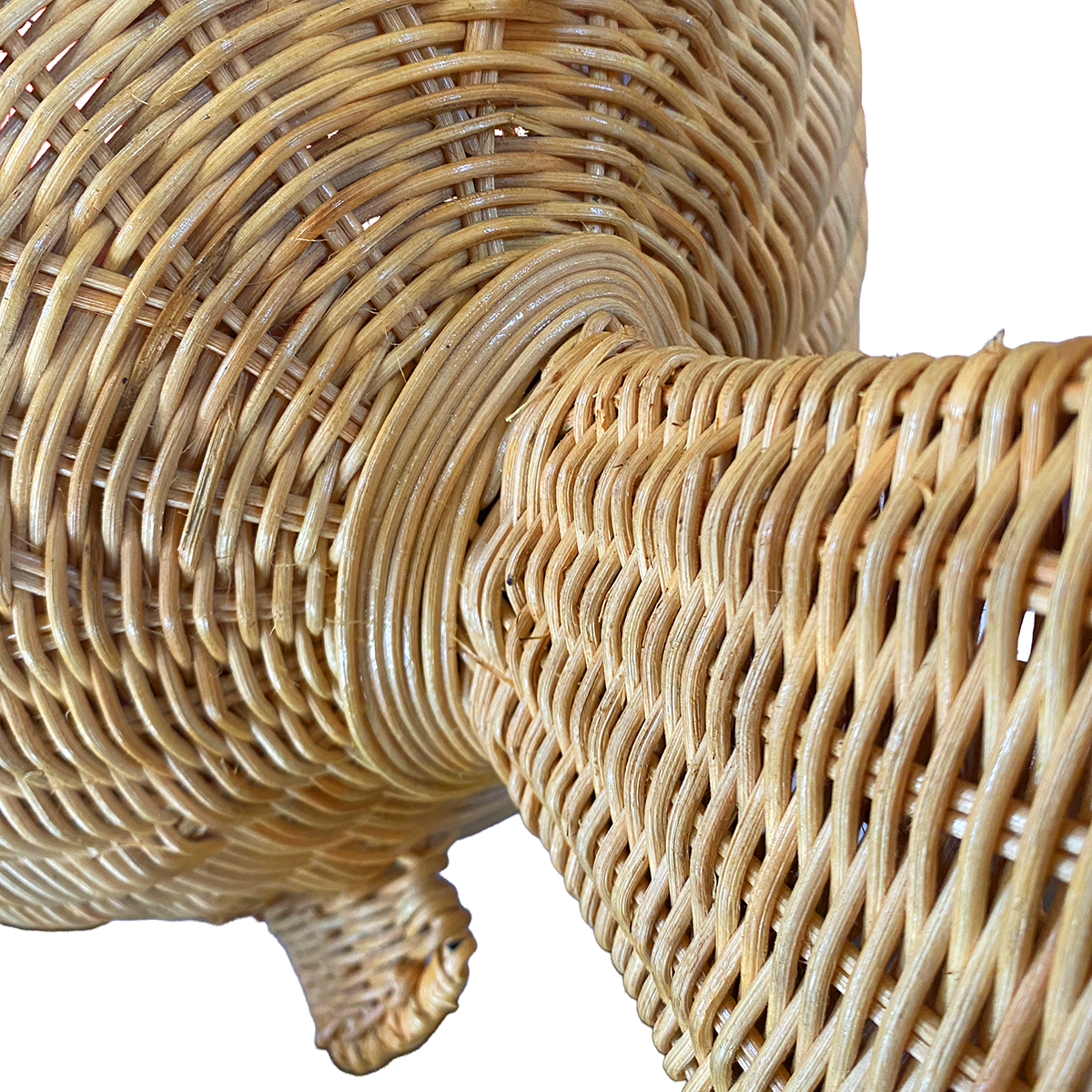 Ikan 60 Rattan Pendant Light by TIBA-TIBA - close-up detail of the handmade woven rattan tail of the fish pendant lamp. 