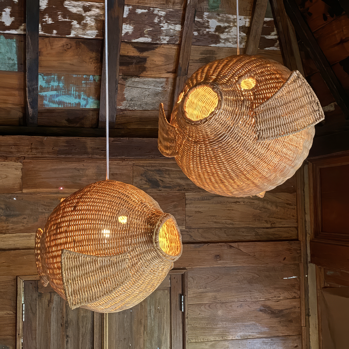 Ikan 60 Rattan Pendant Light by TIBA-TIBA - Ikan 40 and Ikan 60 pendant lights hanging in Balinese Joglo. 