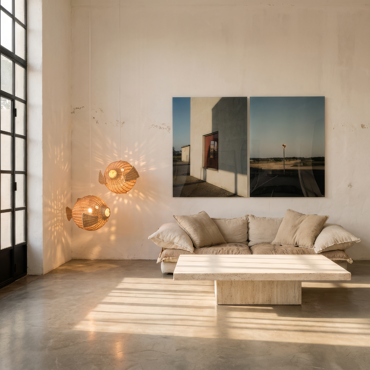 Ikan 60 Rattan Pendant Light by TIBA-TIBA - Ikan 60 and Ikan 40 Pendant lamps hanging in minimalist art gallery loft with travertine table and Jeff Wall photographs on the wall. 