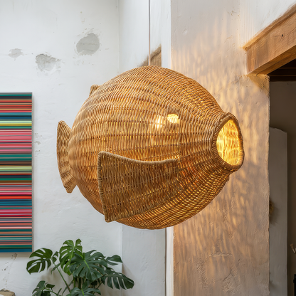Ikan 60 Rattan Pendant Light by TIBA-TIBA - Close up of the Ikan 60 Pendant lamp hanging in modern loft with Gerhard Richter - Strip painting in background. 